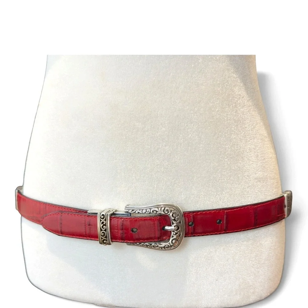 Brighton Belt Womens L 34 Red Black Reversible Croc Leather Silver Western Boho